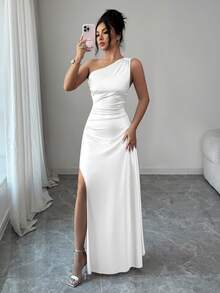 Elenzga 2026夏季新款奢华缎面单肩褶皱高开衩性感长款晚礼服，适合女士参加派对。 - 白色 - 查看 5