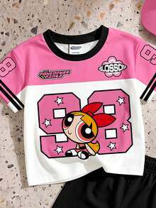 THE POWERPUFF GIRLS X SHEIN GraphicGems 女婴卡通数字印花圆领短袖T恤和短裤休闲日常套装 - 彩色 - 查看 3