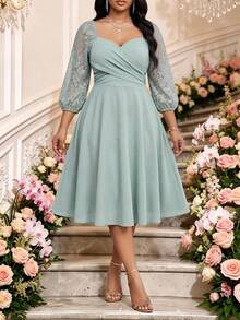 Fleurora Salbeigrün, Sommer, Elegant, Hochzeitsgast Große Größen Kleid für Frauen, Kontrastspitze Herz-Ausschnitt Laternen 3/4 Ärmel Midi Ausgestellt Büro Arbeitskleid - Kadettenblau - Übersicht 3