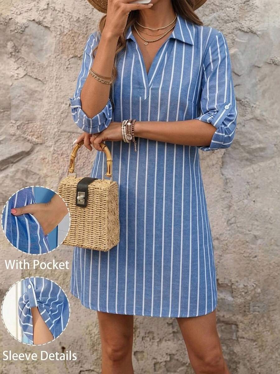SHEIN Clasi 女款藍白條紋拼接休閒海濱風保守日常度假沙灘外出連身裙 秋季 - 藍白色 - 查看 1