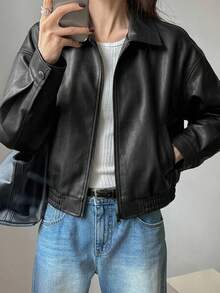 DAZY Spring New Distressed Leather Short Jacket Valentine's Day Outerwear Women's Regular Jacket - Black - View 4