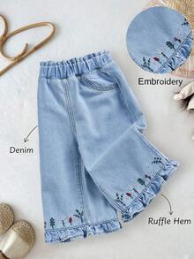 LMoss Kids Baby Girl Floral Embroidery Elastic Waist Wide Leg Jeans - Light Wash - View 3