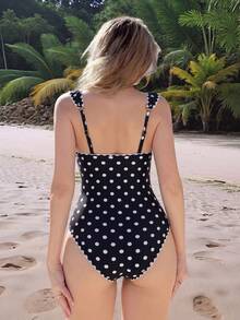 Swim Mod Women's Beach Outfits Summer Simple Elegant Floral Solid Color Ribbed Slim Fit One-Piece Swimsuit - Black and White - View 2