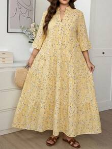Comfylo Ditsy Floral 3/4 Sleeve Patchwork Tiered Maxi Dress Plus Size - Yellow - View 5