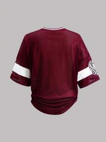 SHEIN Teen Girls V-Neck Loose Fit Printed T-Shirt - Burgundy - View 8