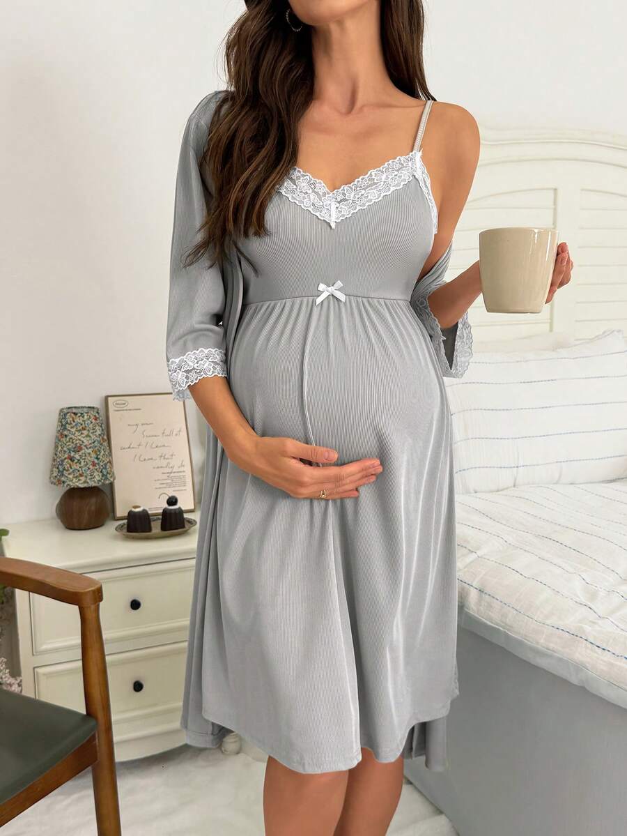 Moonlight&Mama BloomMama Basic Casual Fashion Light Blue Ribbed Fabric White Lace Trim Camisole Nightgown & Robe Maternity Set - Light Grey - View 1