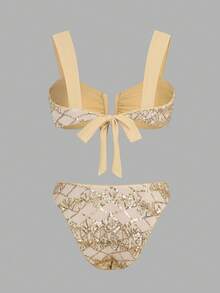 Bonvoyette Women's Summer Beach Sequin Pattern Bikini And Triangle Bottom Two-Piece Swimsuit Set - Apricot - View 5
