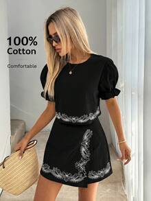 Easowa Women's 2 Pieces Set: Round Neck Puff Sleeve With Frill Trim, Back Tie Bow Short Sleeve Blouse And Asymmetrical Hem Skort Shorts, 100 Cotton - Black - View 3