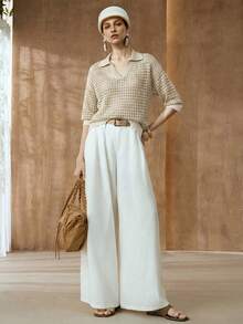 SHEIN 女款仿亮面絲綢面料寬鬆版型 Polo 領鏤空設計休閒毛衣 - 米色 - 查看 2