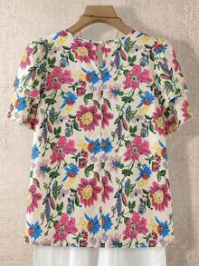 Linhara Plus Size Women's Floral Round Neck Double Layer Sleeve Short Sleeve Casual Boho Shirt Fashion Multi-Functional Pleated Summer Holiday Top Beige - Multicolor - View 2
