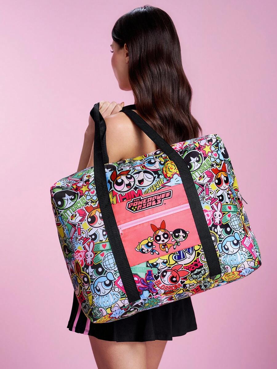 THE POWERPUFF GIRLS X SHEIN 1個可愛卡通角色圖案可收納旅行袋、海灘袋,適合通勤、運動、休閒、出遊,大容量,適合男士、女士和學生,可固定在普通行李箱推車上,友誼、泡泡、毛絨、花朵 - 彩色 - 查看 1