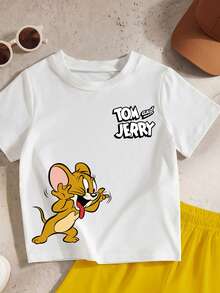 TOM & JERRY X SHEIN GraphicGems 2件套男童休闲可爱卡通印花夏季针织圆领短袖T恤和配套短裤，适合夏季穿着 - 彩色 - 查看 3