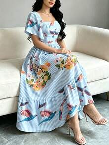 Modelyn 女款優雅熱帶植物與鸚鵡印花洋裝，時尚方領大荷葉袖短袖洋裝，裙襬荷葉邊設計，花卉圖案淺藍條紋長洋裝，波希米亞風格女裝，適合夏季度假與日常穿著 - 彩色 - 查看 1
