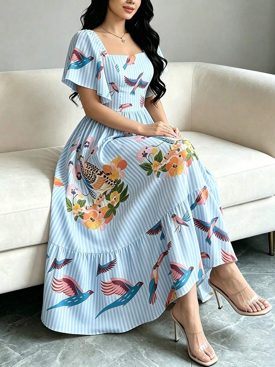 Modelyn 女款優雅熱帶植物與鸚鵡印花洋裝,時尚方領大荷葉袖短袖洋裝,裙襬荷葉邊設計,花卉圖案淺藍條紋長洋裝,波希米亞風格女裝,適合夏季度假與日常穿著 - 彩色 - 查看 1