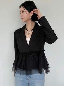 FRIFUL Women's Early Autumn New Korean Style Patchwork Sheer Mesh Pleated Blazer - Black - View 5