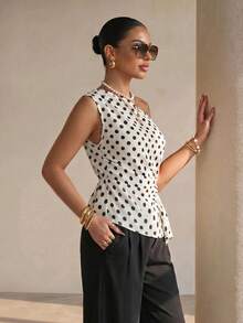 Structelle Women's White And Black Polka Dot Asymmetric Neckline Side Drawstring Ruched Fashion Top Brunch Date Summer French Elegant - Multicolor - View 1