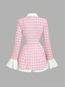 SHEIN MOD Plus Size Women's 2 In 1 Waist-Cinching Long Sleeve Flounced Suit Blazer,Elegant Pink And White Tweed Blazer,Autumn Office Business Casual Semi Formal - Pink - View 5
