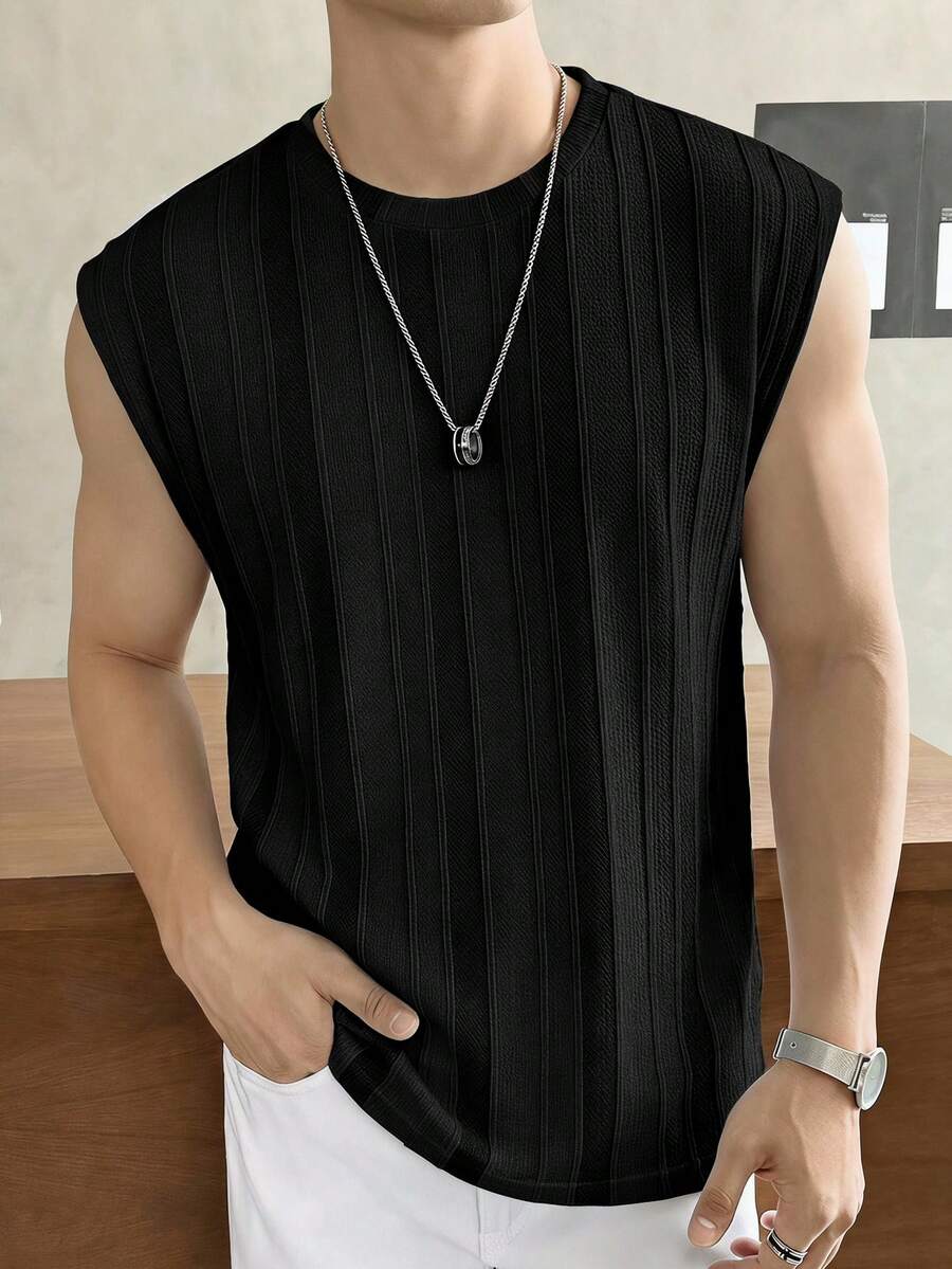 SWAVVY Men's Textured Vacation Fashion Crew Neck Casual Tank Top For Daily Outings - Black - View 1