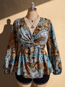SHEIN ICON 大尺碼女款V領全身印花打結扭轉抓皺休閒百搭日常上衣 - 彩色 - 查看 8