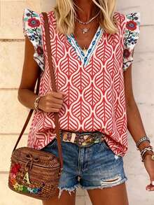 EMERY ROSE Women's V-Neck Floral Print Contrast Color Ruffle Trim Casual Blouse - Multicolor - View 3