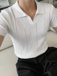 DAZY 女款領口條紋套頭短袖針織衫 夏季 - 杏色 - 查看 5