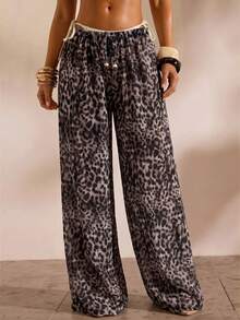 Opulessa Women's Leopard Print Drawstring Waist Casual Versatile Vacation Travel Cover-Up Pants - Multicolor - View 4