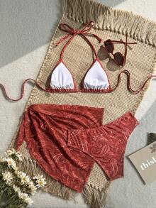 Swim Vcay Women's Halter Style Solid Color Bikini Swimsuit Set, Swimwear Set For Summer Beach Vacation - Maroon - View 2