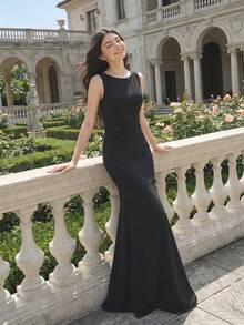 Tween Girls Elegant Back To School Black Slvless Hi Waist Fishtail Regular Fit Maxi Dress, Polyester Sixth Form,Graduation,Party - Black - View 1