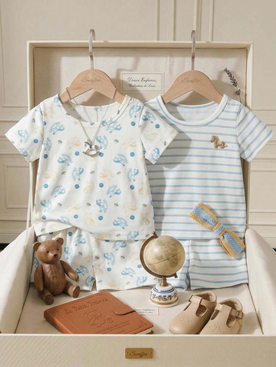 Souflis Souflis 男嬰女嬰通用 0-3歲 嬰幼兒 2件/4件組 可愛恐龍圖案圓領T恤休閒套裝,舒適易穿短袖夏季組合,適合6個月至3歲男嬰衣著,完美適用於春/夏、日常穿著、外出與穿搭 - 彩色 - 查看 1