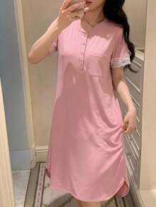 DAZY 女款蕾絲拼接居家休閒連身裙 夏季 - 粉色 - 查看 5