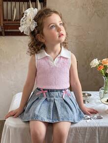 SHEIN Playful Pals 女童夏季淺藍色V領蝴蝶結刺繡背心套裝，搭配復古牛仔彈性腰設計，腰帶3D蝴蝶結修身套裝 - 彩色 - 查看 6