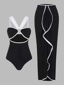 Swim Oasis 女款 2 件組波希米亞風吊帶沙灘裝新品，時尚比基尼泳衣套裝，性感度假風，復古性感印花細肩帶比基尼套裝，紋理面料，可調節肩帶，夏季海灘度假風，優雅復古，海灘度假新年新款一件式泳衣泳裝，性感優雅高級款 - 黑色 - 查看 2