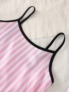 Girls Pink & White Striped Minimalist Print Faux Silk Camisole Top And Shorts Comfortable 2 Pieces Loungewear Set - Pink - View 8