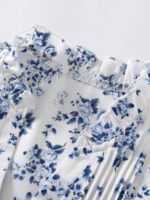 SHEIN Franclia 時尚浪漫休閒優雅度假女款襯衫，荷葉領半開襟，修身胸前褶皺設計，花卉印花，舒適柔軟貼身，適合浪漫度假、約會、假日及多用途場合，夏秋冬季皆宜，優雅襯衫，休閒上衣，度假風，正式襯衫，鄉村風襯衫，通勤，花卉襯衫，外出上衣，藍色襯衫 - 藍色 - 查看 3