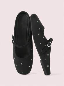 CUCCOO DOLLMOD Women's Shoes, Black Suede Square Toe Flats, Pentagram Embroidered Vintage Mary Jane Women's Shoes - Black - View 1
