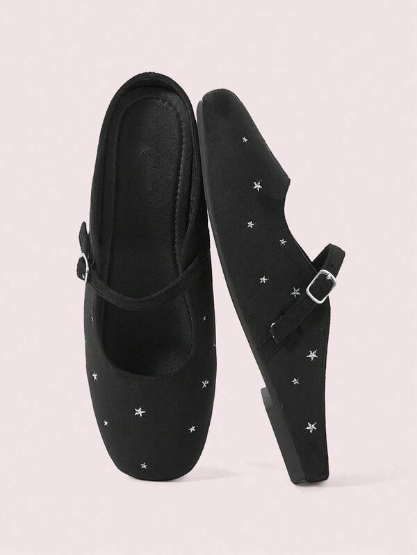 CUCCOO DOLLMOD Giày nữ Mary Jane vintage đế bệt mũi vuông bằng da lộn màu đen, thêu họa tiết ngôi sao năm cánh