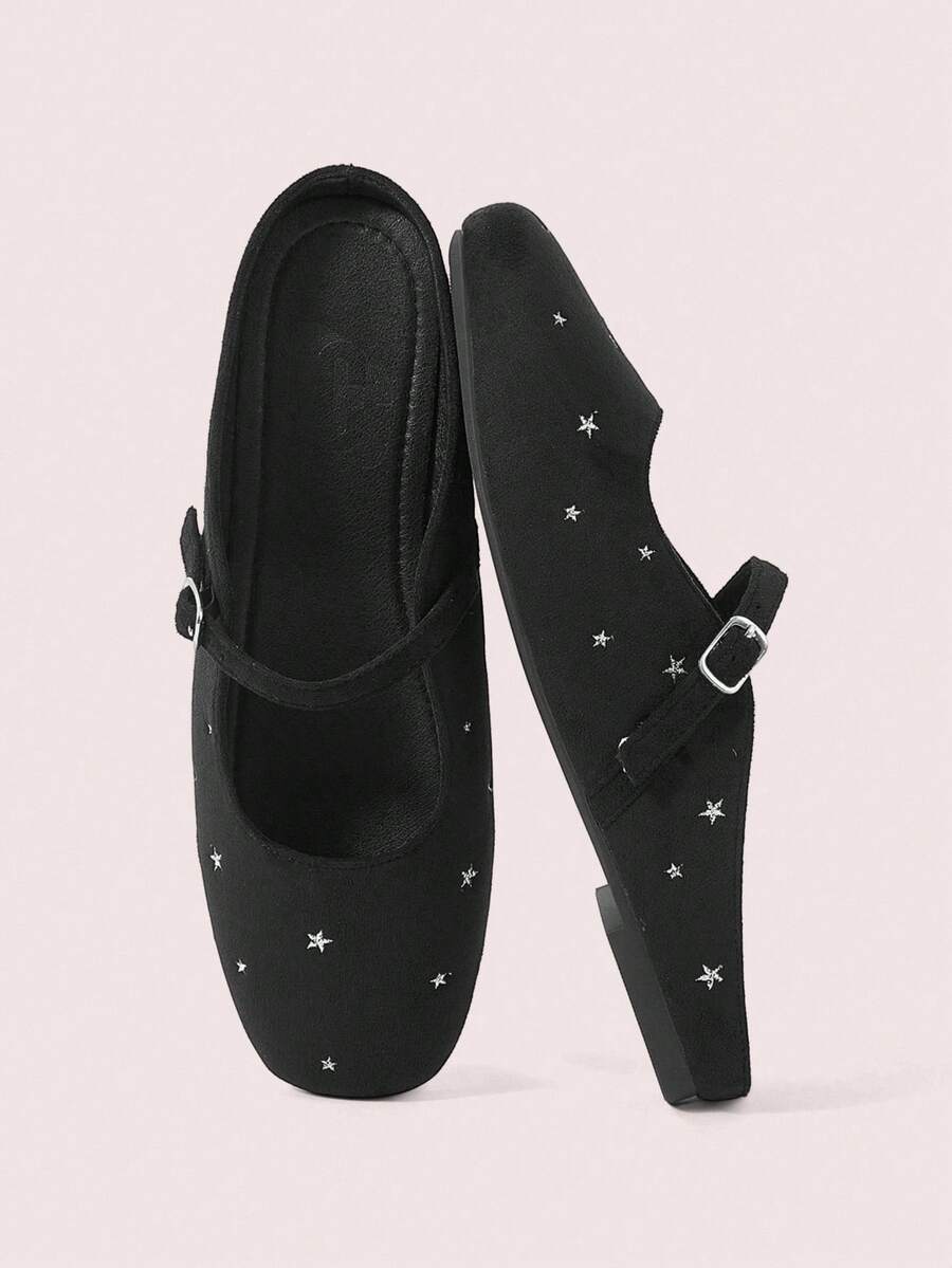 CUCCOO DOLLMOD Women's Shoes, Black Suede Square Toe Flats, Pentagram Embroidered Vintage Mary Jane Women's Shoes - Black - View 1