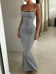 INAWLY Solva Women's Slim Fit Casual Striped Spaghetti Strap Dress - Black - View 4