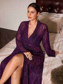 Slumberist Women's Sexy Lace Sheer Purple Ruffle Patchwork Long Sleeve Long Maxi Plus Size Nightgown - Purple - View 3