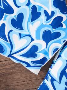 SHEIN Babygirl Casual Collared Sleeveless Asymmetric Hem Heart Print Tank Top And Flare Pants Set - Blue - View 4