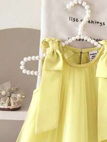 Girls' Bean Paste Pink Tulle Dress, Spring/Summer Sleeveless Bow Princess Dress - Yellow - View 5