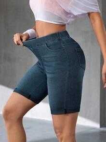Flexra Stretchy Slimming Mid-To-High Waist Denim Shorts Gym Dark Blue Summer Casual Sporty - Dark Wash - View 7