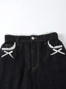 SHEIN 青少年女孩新款休閒復古時尚個性化前綴破洞開衩石洗黑拼接3D蝴蝶結寬腿修身百搭四季藍色牛仔褲 - 藍色 - 查看 6