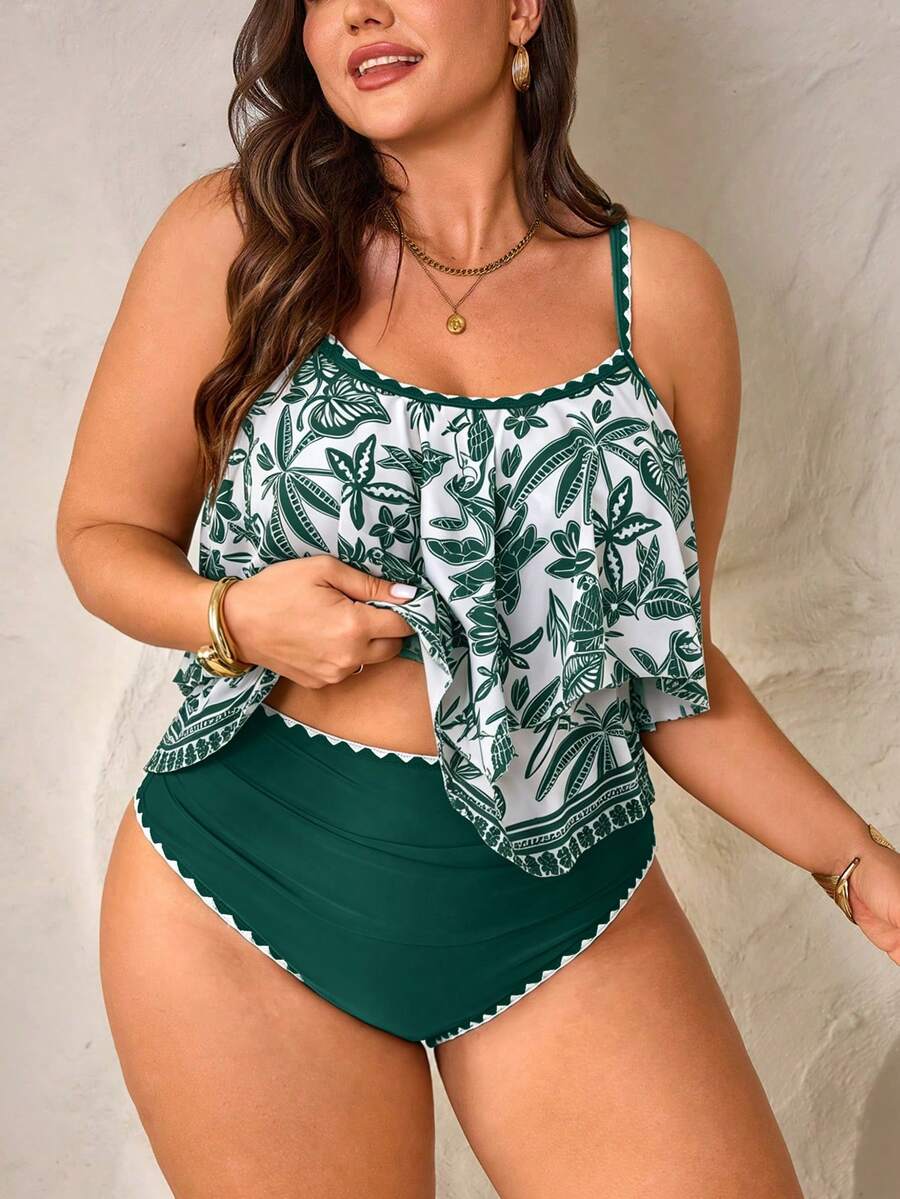 Swim Lushoire Plus Size Women 2pcs Set White Spaghetti Strap Double Layer Ruffle Hem Top With Ruched Ruffle High Waist Pants, Summer Beach Vacation Vacation - Multicolor - View 1