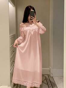 DAZY Lace Patchwork Off-Shoulder Loose Nightgown Women's Loungewear Dress Summer Pajamas - Baby Pink - View 3