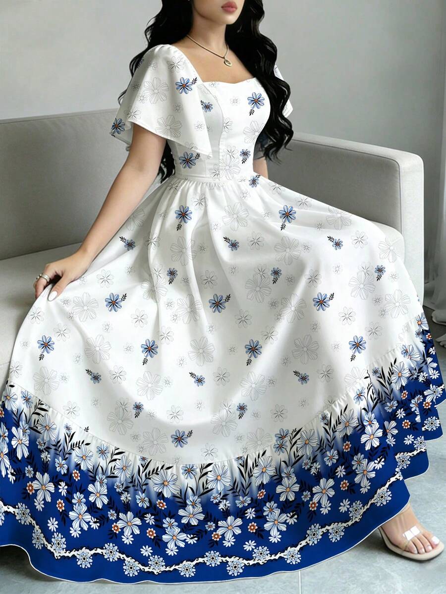 Modelyn Women's Short Sleeve Digital Print Waist-Cinching Dress, Off-Shoulder Sleeve Ruffle Hem Elegant And Beautiful - White - View 1