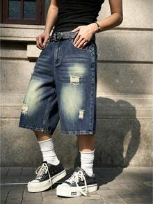 Manfinity EMRG Men's Distressed Wide Leg Denim Shorts - Blue - View 3