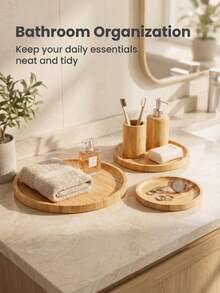 1pc Round Bamboo Wooden Storage Tray, Multifunctional Household Decor Serving Tray For Coffee Cups, Jewelry, Eyeglasses, Watches, Perfect For Kitchen, Home Decor, Holiday Party Organizer - Beige - View 3