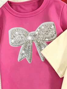 Blind Box Random Set, Spring Summer Autumn Girls Toddler Creative Personalized Leopard Print Cherry Bow Cartoon Painting Character Graphic Shiny Bow Pattern Print Casual Basic Short T-Shirt And Flared Pants Set, Sets - Multicolor - View 5