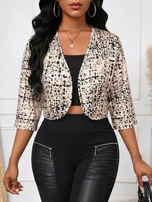 SHEIN Lady 女款格紋七分袖開襟輕便外套 - 卡其色 - 查看 6